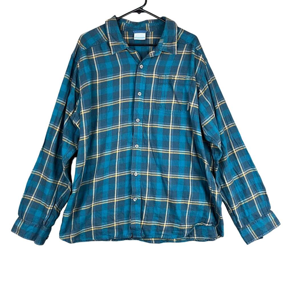 Columbia Men Shirt Teal Yellow Plaid Collared Button Down Long Sleeve Cotton XL
